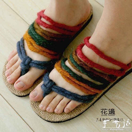 麻繩和布鞋底DIY的彩虹拖鞋 -  rpnrmr.com