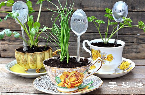 陶瓷杯碟+復(fù)古金屬勺子 DIY制作小清新盆栽 -  rpnrmr.com