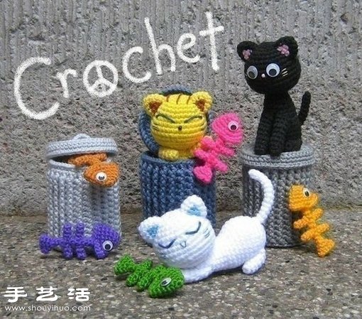毛線鉤針垃圾桶邊揀魚(yú)骨頭吃的可愛(ài)貓咪 -  rpnrmr.com