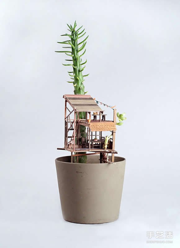 盆栽上DIY精致樹(shù)屋模型 小人國(guó)般的微型建筑 -  rpnrmr.com