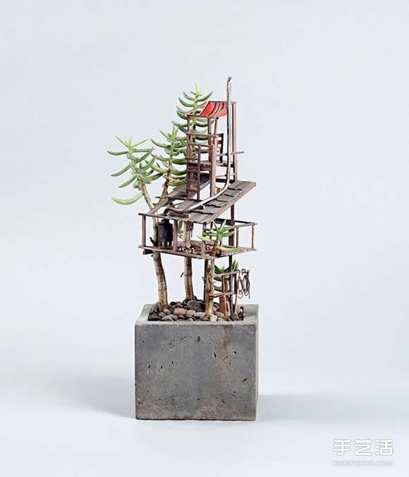 盆栽上DIY精致樹(shù)屋模型 小人國(guó)般的微型建筑 -  rpnrmr.com