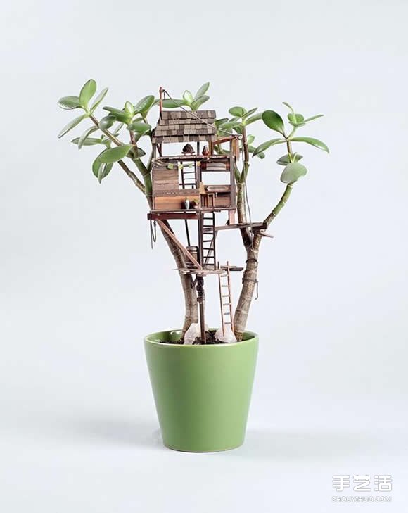 盆栽上DIY精致樹(shù)屋模型 小人國(guó)般的微型建筑 -  rpnrmr.com