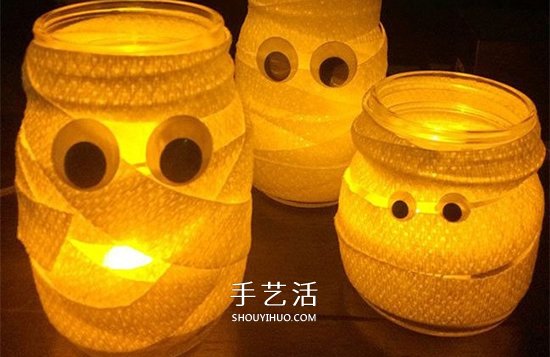 玻璃瓶做手工 可愛萬圣節(jié)木乃伊燈籠制作方法 -  rpnrmr.com