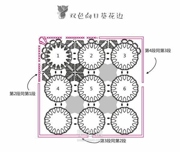 方形帶流蘇坐墊的鉤法圖解 雙色向日葵圖案~ -  rpnrmr.com