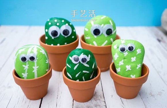 石頭手工制作超萌仙人掌盆栽裝飾品 -  rpnrmr.com