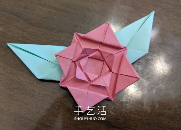 手工折紙扁平玫瑰花和葉子的折法圖解 -  rpnrmr.com