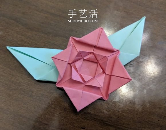 手工折紙扁平玫瑰花和葉子的折法圖解 -  rpnrmr.com