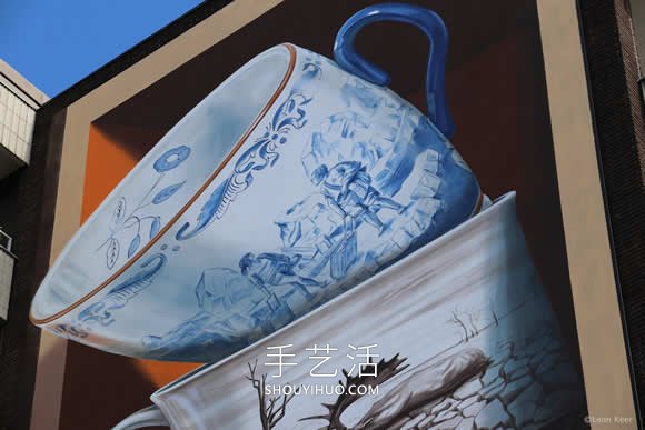 搖搖欲墜的茶杯，寓意生活的創(chuàng)意3D壁畫 -  rpnrmr.com
